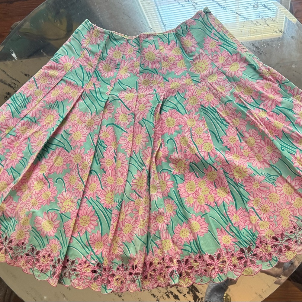 Lilly Pulitzer Floral A-Line Skirt Pink Green Yellow w/ Embroidered Cutouts
